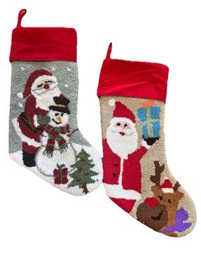 Vintage Hooked Christmas Stockings Set of 2 Santa Snowman Reindeer 19”